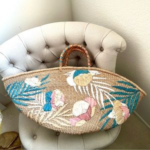 🧡 New aranaz Multicolor raffia straw Woven floral summer beach Basket Tote Bag